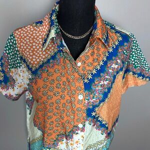 Women‎ Shirt Small Patchwork Print Button Up Short Sleeve Maximalism Twee New
